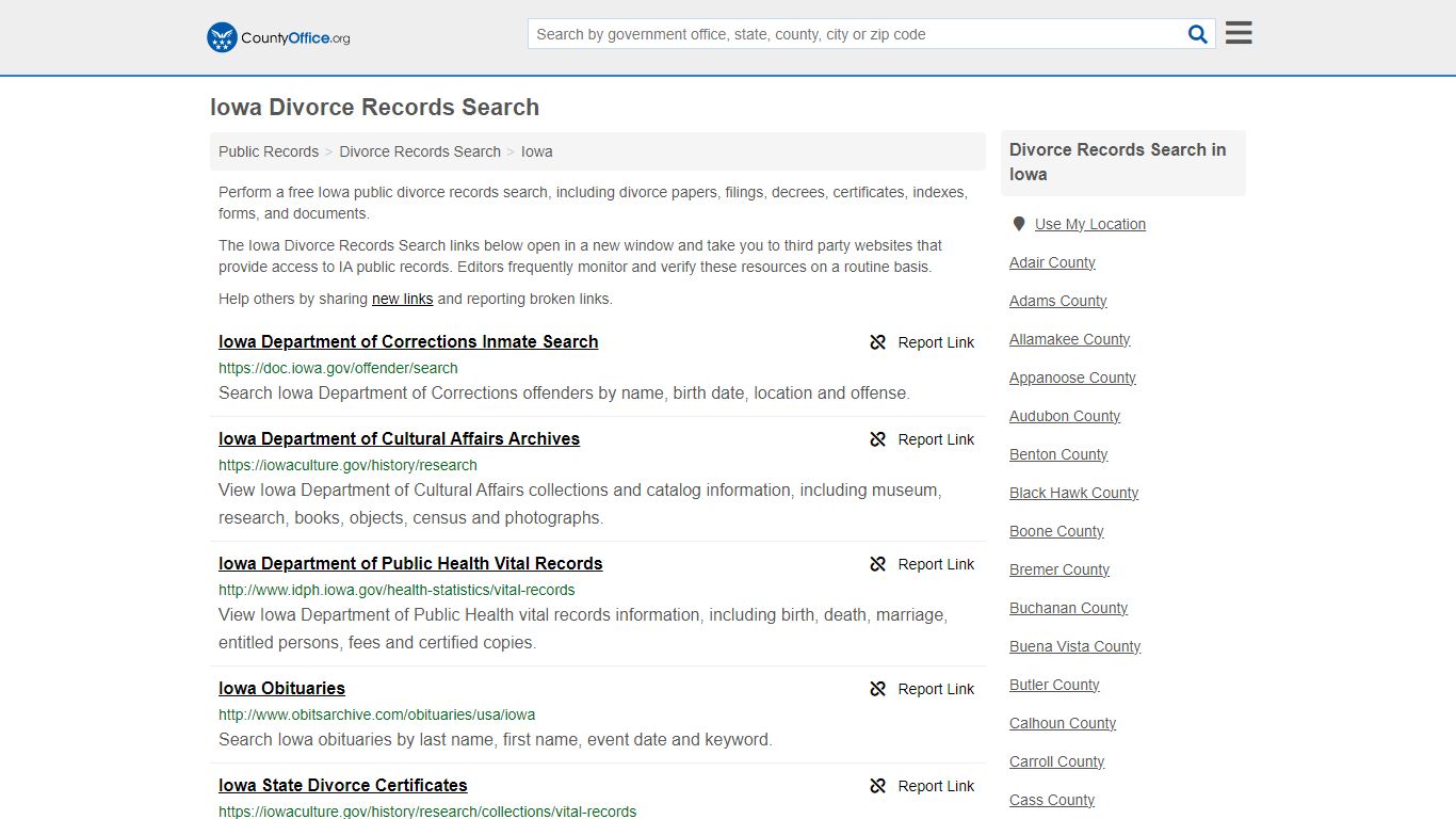 Iowa Divorce Records Search - County Office